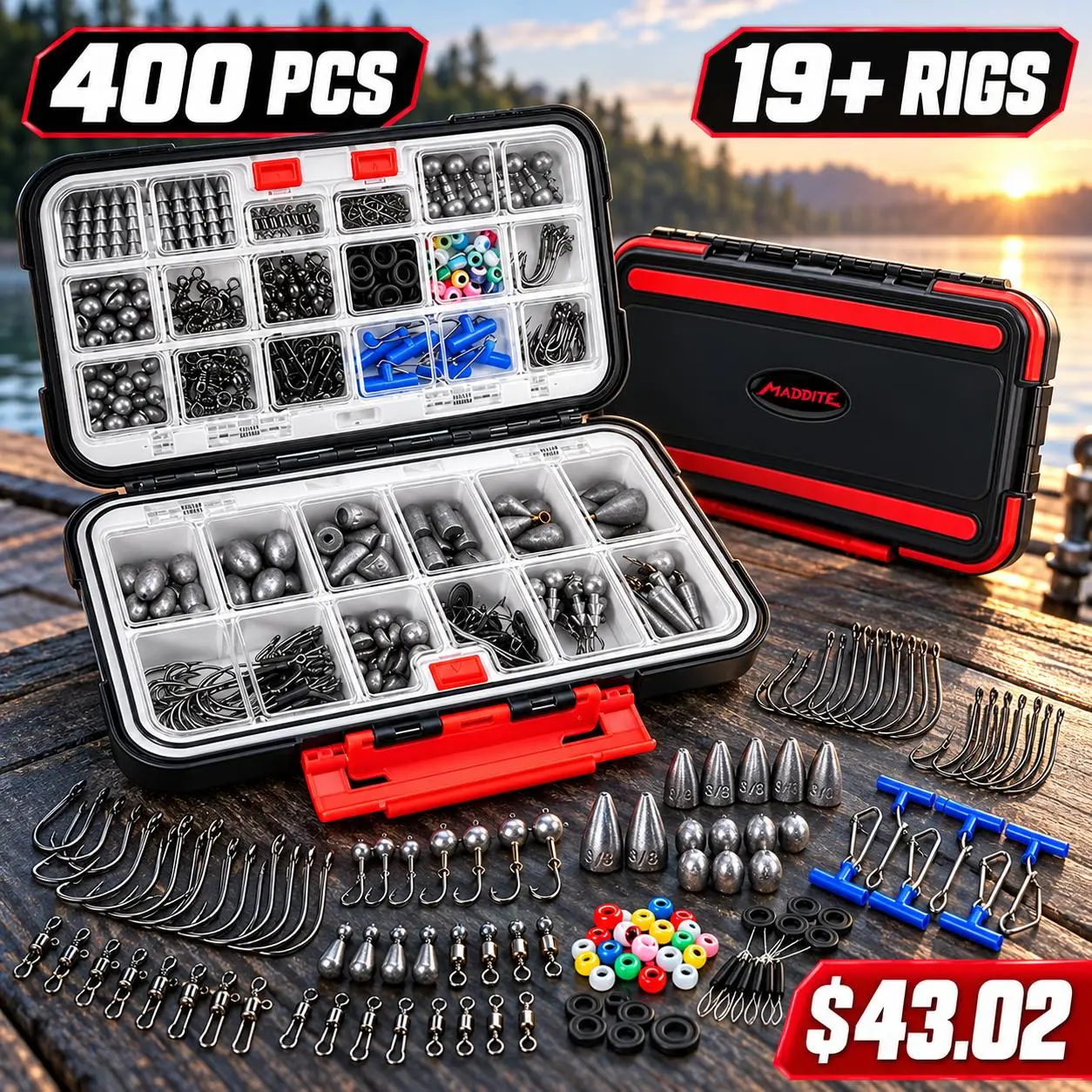 KastKing MadBite Fishing Kit –71/143/182/265/400PCS Complete Tackle Set with Hooks, Sinkers, Bobbers & Storage Box for Bass, Trout & Panfish Fishing Practice Casting Lure