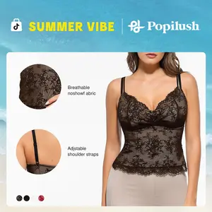 Popilush Elegant Sexy Lace Top Chic Womenswear Deep U Neck Tank Top Adjustable Straps for Women Overall Sleeveless Customized Basic Chic Comfortable Minimalist Elegant Lady Womenswear