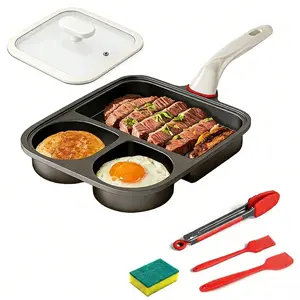PRTYY Multi-Section Breakfast Griddle with Glass Lid Non-Stick Alloy Pan Body Anti-Scald Wooden Handle for Eggs Pancakes Burgers Frying Fish & More