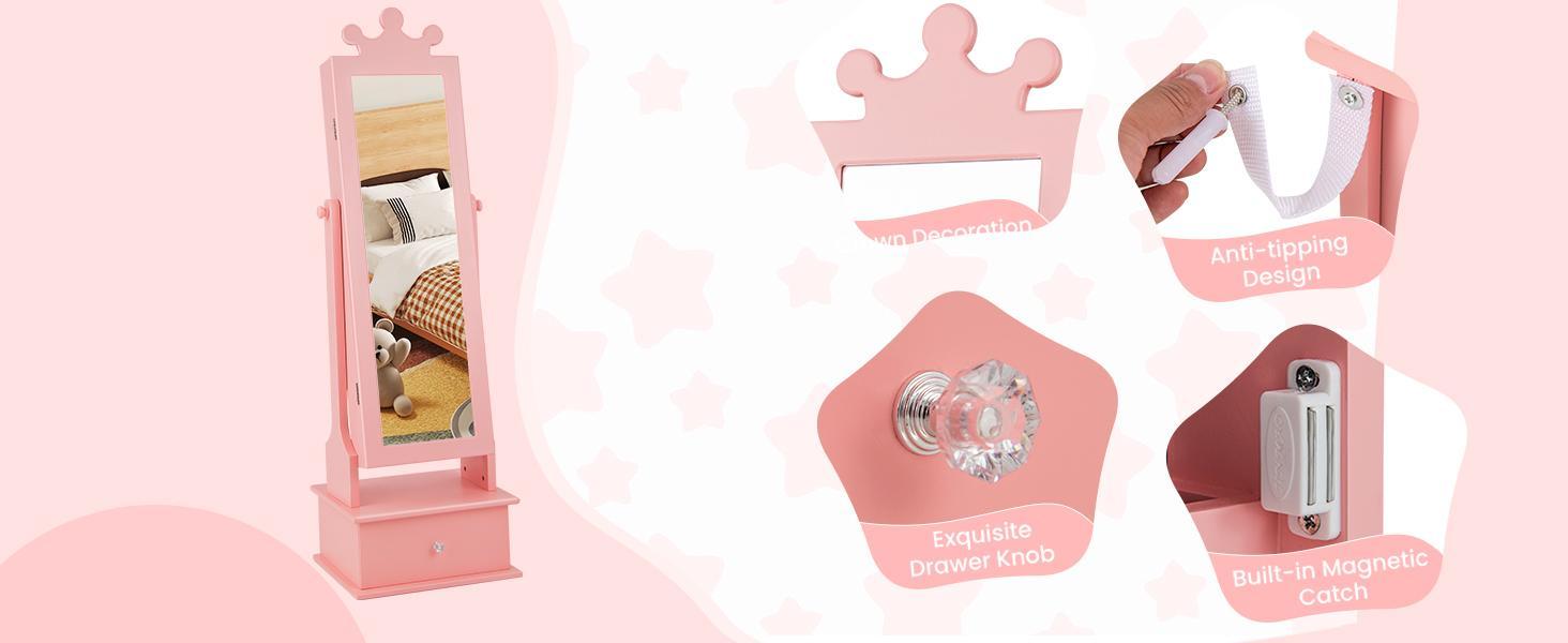 [Costway]-  Kids Jewelry Armoire Cabinet, Wooden Standing Jewelry Organizer with Full-length Mirror and Storage Drawers, gifts birthday,Christmas Festival Gift Black Friday Cyber Monday