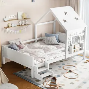 Full Size House Beds Low Loft Bed with Stairs and a Window, Solid Wood House Platform Bed with a Bookcase, Blackboard Design, and Cute Star-shape Roof, No Box Spring Needed