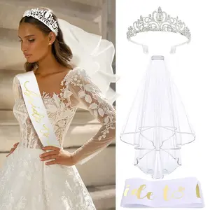 3 Pack Bachelorette Party Decorations - Crystal Crown, Bride To Be Sash & Wedding Veil for Bachelorette Party Favors Bridal Shower Gifts for Bride