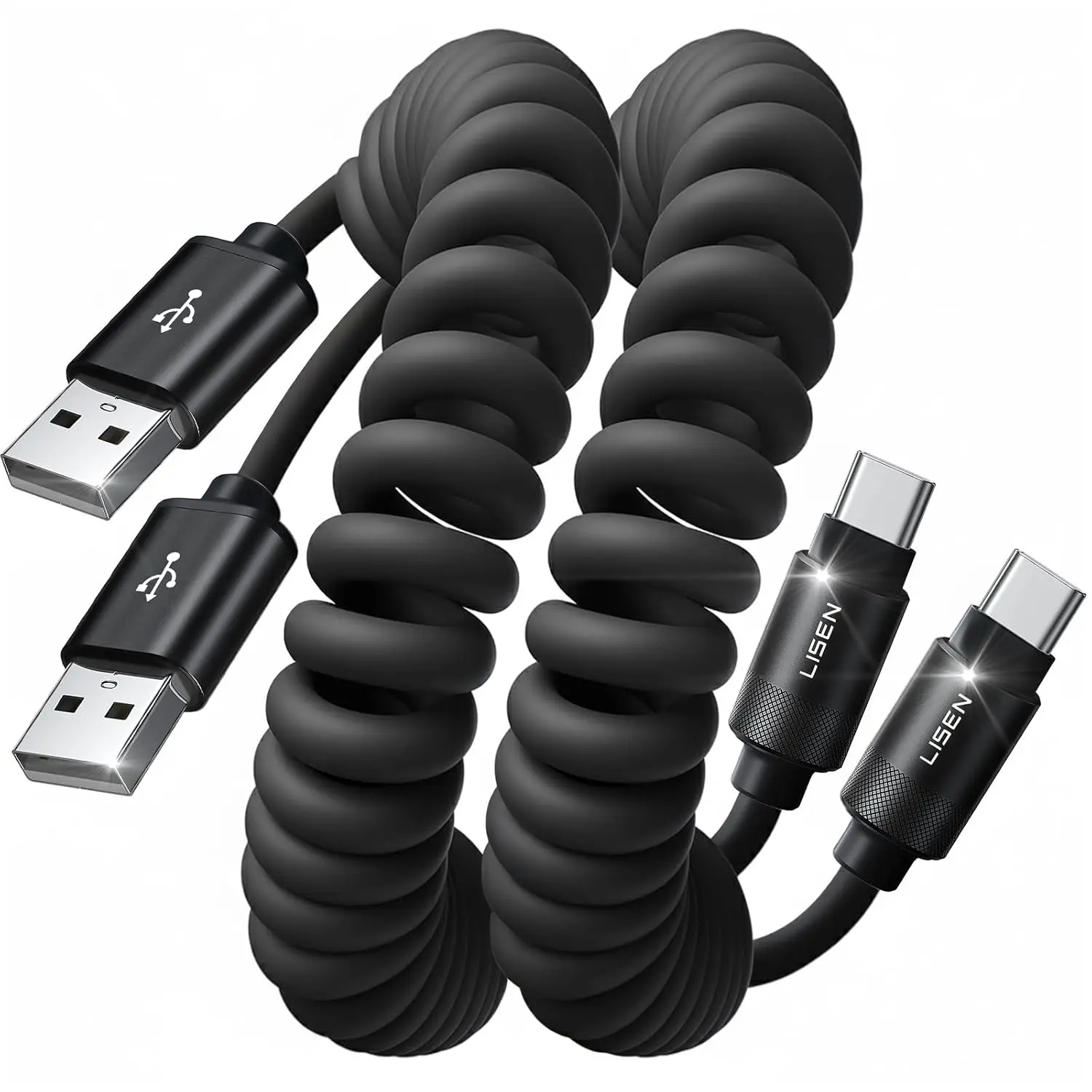 Coiled USB-A to USB-C Cable 2 Pack Android Auto Cable Car Cord
