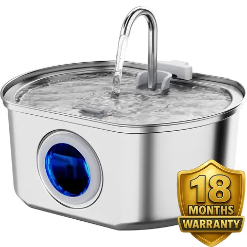 Neareal Oval Stainless Steel Cat Fountain - Automatic Water Feeder, 3.2L (108oz) Capacity, 5V Pump Saves Power, Multiple Filtration with Odor-Cut Carbon, Ultra-Quiet Operation, LED Level Window, Easy to Clean (Springtok)