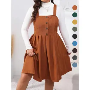 Plus Size Button Decor Pinafore A-Line Dress, Casual Fitted Sleeveless Tank Dresses for Fall & Winter Daily Wear Holiday, Women's Clothes, without Sweater