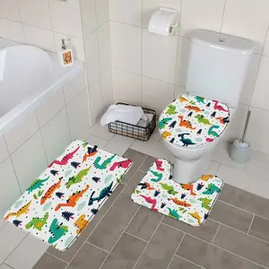 Cartoon Animals 3pcs Bathroom Mat Set Funny Dinosaur Cat Dog Turtle Shower Rugs Carpet Toilet Lid Cover Anti Slip Bathroom Decor
