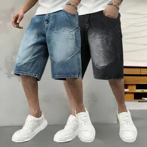 Men's summer vintage blue gradient wide-leg denim five-inch pants, loose straight-cut, slimming and flesh-concealing cargo shorts, suitable for daily outdoor activities and street wear, versatile and trendy pants