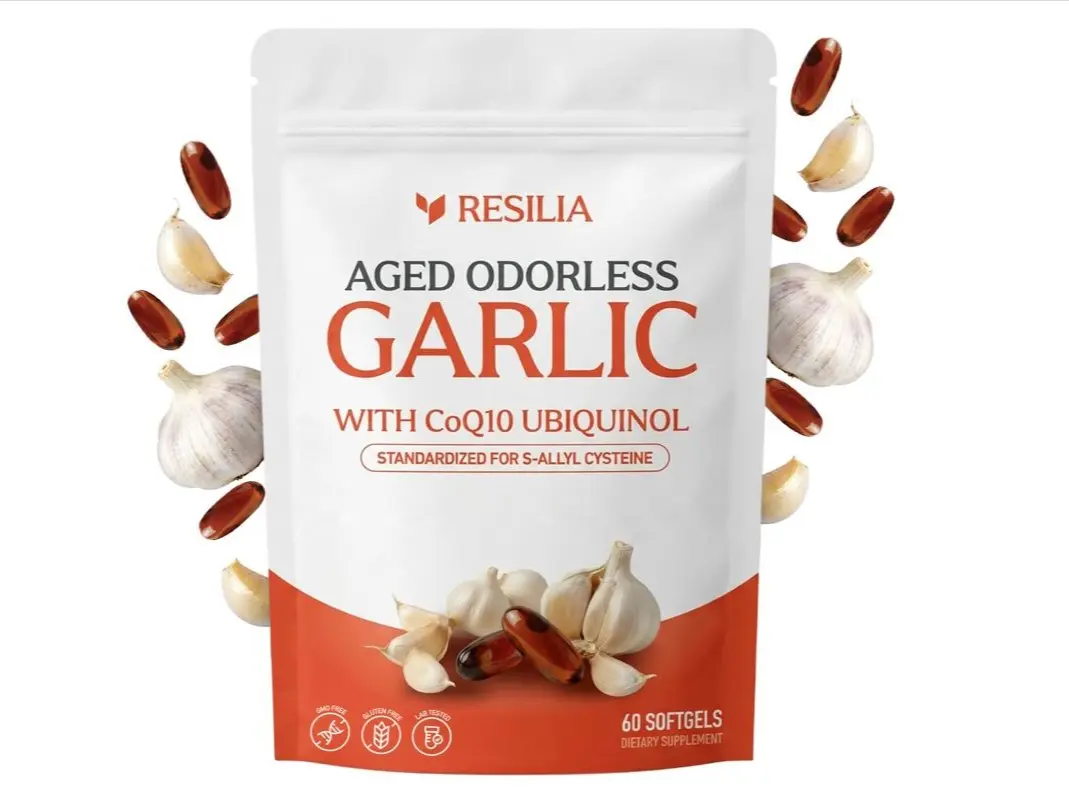 Resilia Odorless Aged Garlic Extract Softgels (60 Count) | 1200mg Aged Garlic Extract Per Serving | with CoQ10 Ubiquinol & Vitamin K2 (MK-7) | Dietary Supplement