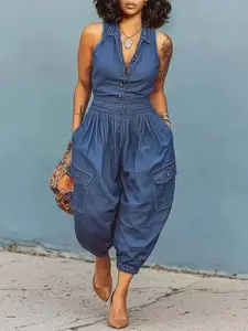 GLOURI Women's Blue Relaxed Sleeveless Jumpsuit - Collared Neck & Button-Front & Shirred Waist & Cargo Pocket & Cuffed Ankle Detail| Casual Chic Fit For Urban Weekend Outings, Casual Hangouts, Office Days For Effortlessly Stylish Looks