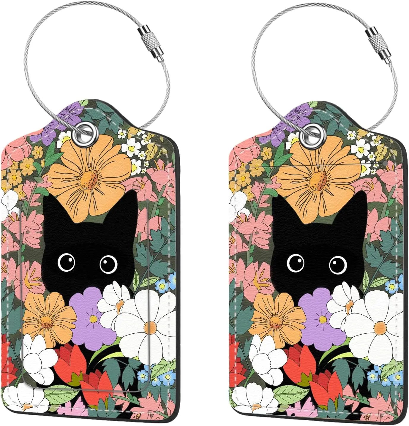 2 count Luggage Tags for Suitcases, PU Leather Cruise Ship Luggage Tags with  Cover Label Address Card and Durable Metal Ring Suitable for Men Women Handbags Backpacks,Flower Bushes and Cats