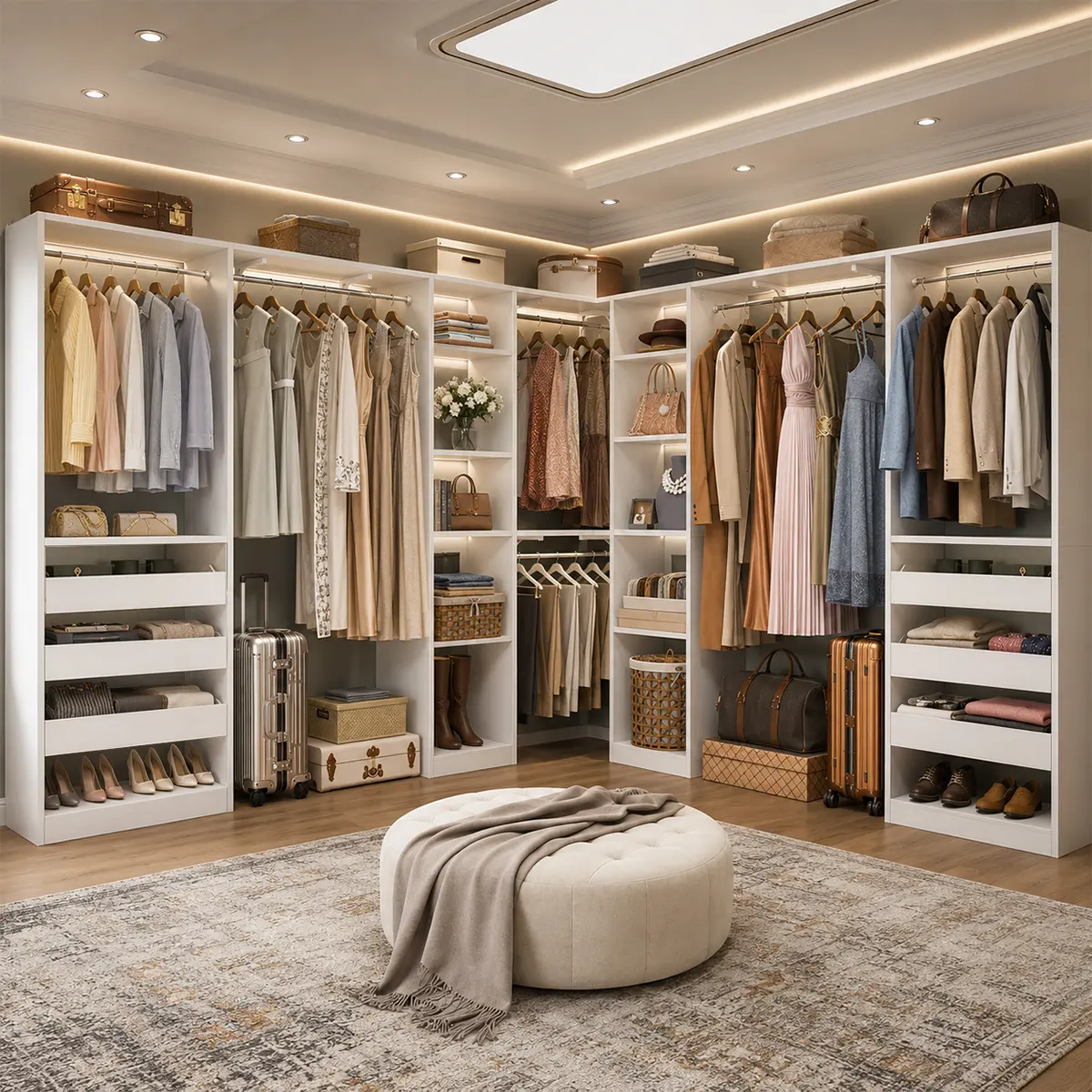 99''-159'' Modern Closet System with 6 Wood Drawers ＆ Hanging Rods, Freestanding Reversible Walk-in Closet Organizer Wardrobe Cabinet with Adjustable Shelves Home Furniture