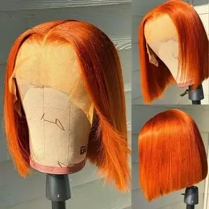 gk #350 Ginger Orange Human Hair Bob Wig, 14-Inch 13x4 HD Transparent Lace Front, Pre-Plucked Straight Blunt Cut Wear-and-Go for Black Women (True-to-Texture Human Hair), Bob Cut, Glueless Wear