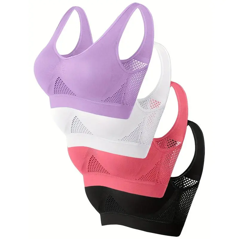 Women's 4-Pack Wireless Padded Breathable Mesh Sports Bras - Racing Back, Full Coverage, Nylon Blend, Crochet, Machine Washable for Yoga, Fitness (Pink, White, Purple, Black), Female, Workout Accessories
