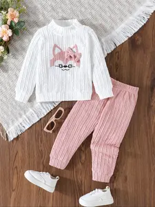 Baby Girl Long Sleeve Two Piece Set 6-36 Months White Pink Ribbed Fox Embroidery Toddler Outfit Cute Casual Wear for Spring, Fall, Daily Use, and Photos Baby Girl Clothes