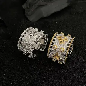 Niche High-End Color-Blocked Wide Ring - Gold and Silver, Adorned with Snowflake and Starry Patterns, Trendy Brand-New Costume Jewelry for Look Upgrade