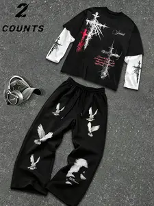 Men's Street Style Gothic Cross Top Set, Loose-Fit Long Sleeve Shirt & Peace Dove Pants, Dark Aesthetic, Spring Fall Fashion