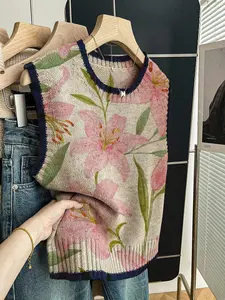 Women's Casual Loose-Fitting Round Neck Sleeveless Knit Top Vests, Deep Blue Floral Print Sweater for Spring Summer, Outerwear & Layering