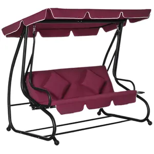 3-Seat Outdoor Patio Swing Chair – Converting Flatbed, Swing Glider with Adjustable Canopy, Removable Cushion, 2 Pillows, Cupholders, Steel Frame, 748 lbs Capacity, for Porch, Garden, Poolside, Red