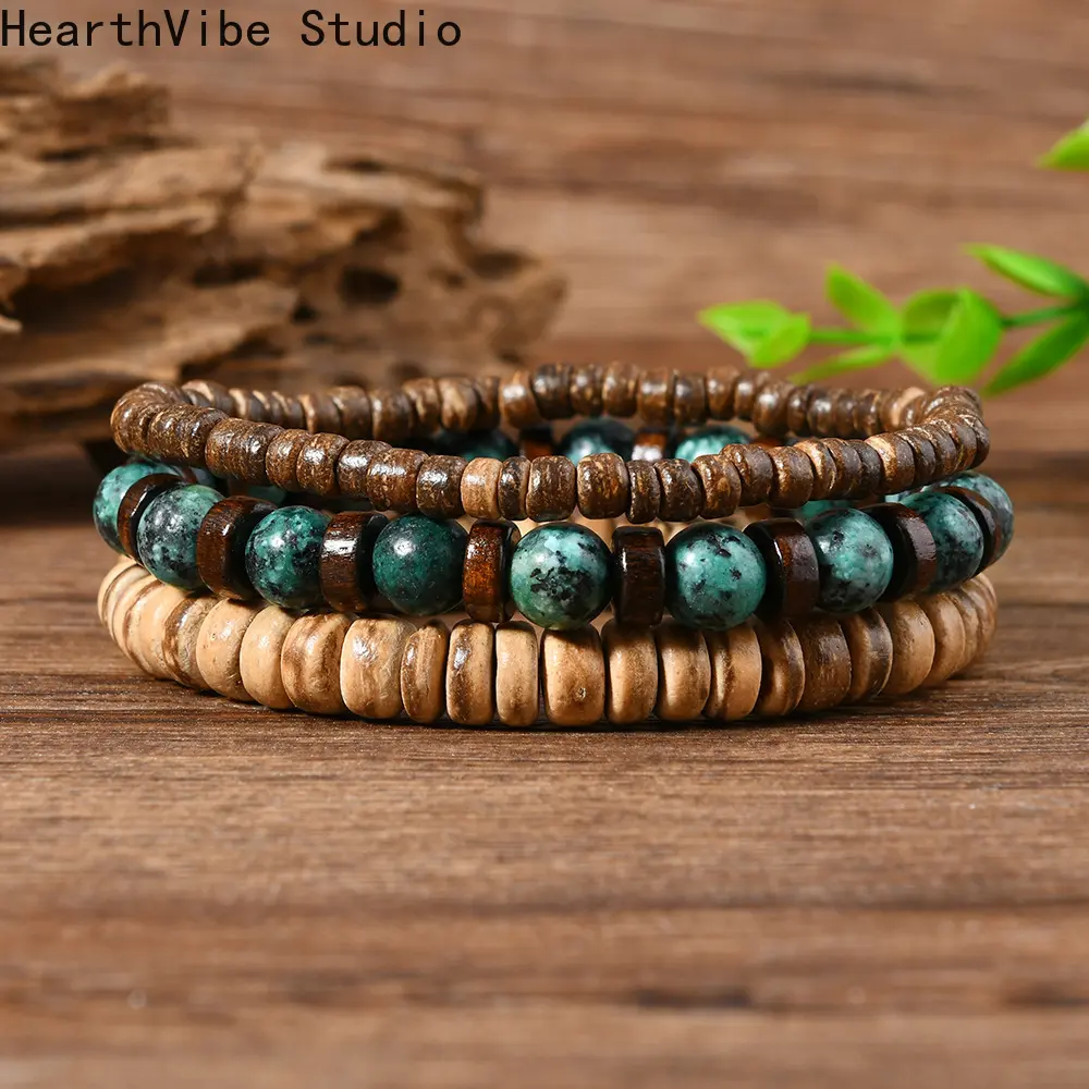 HearthVibe Studio Handmade Elastic Wristband - Unisex Beaded Coconut Wood Bracelet with Multicolor Mix, Green Imperial Jade, Lemon Jade Beads for Sports Use