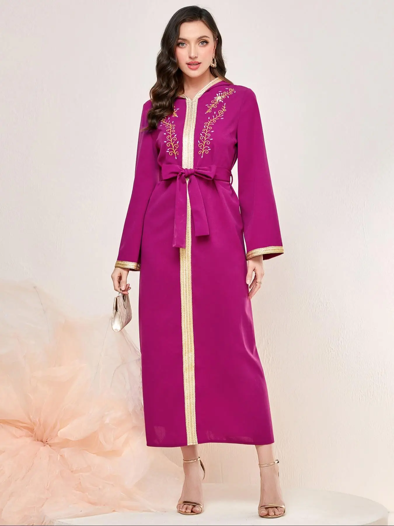 Women's Ethnic Pattern Embroidery Belted Hooded Abaya, Modest Long Sleeve Tape Dress for Spring & Fall, Women's Islamic Clothing for Daily Wear