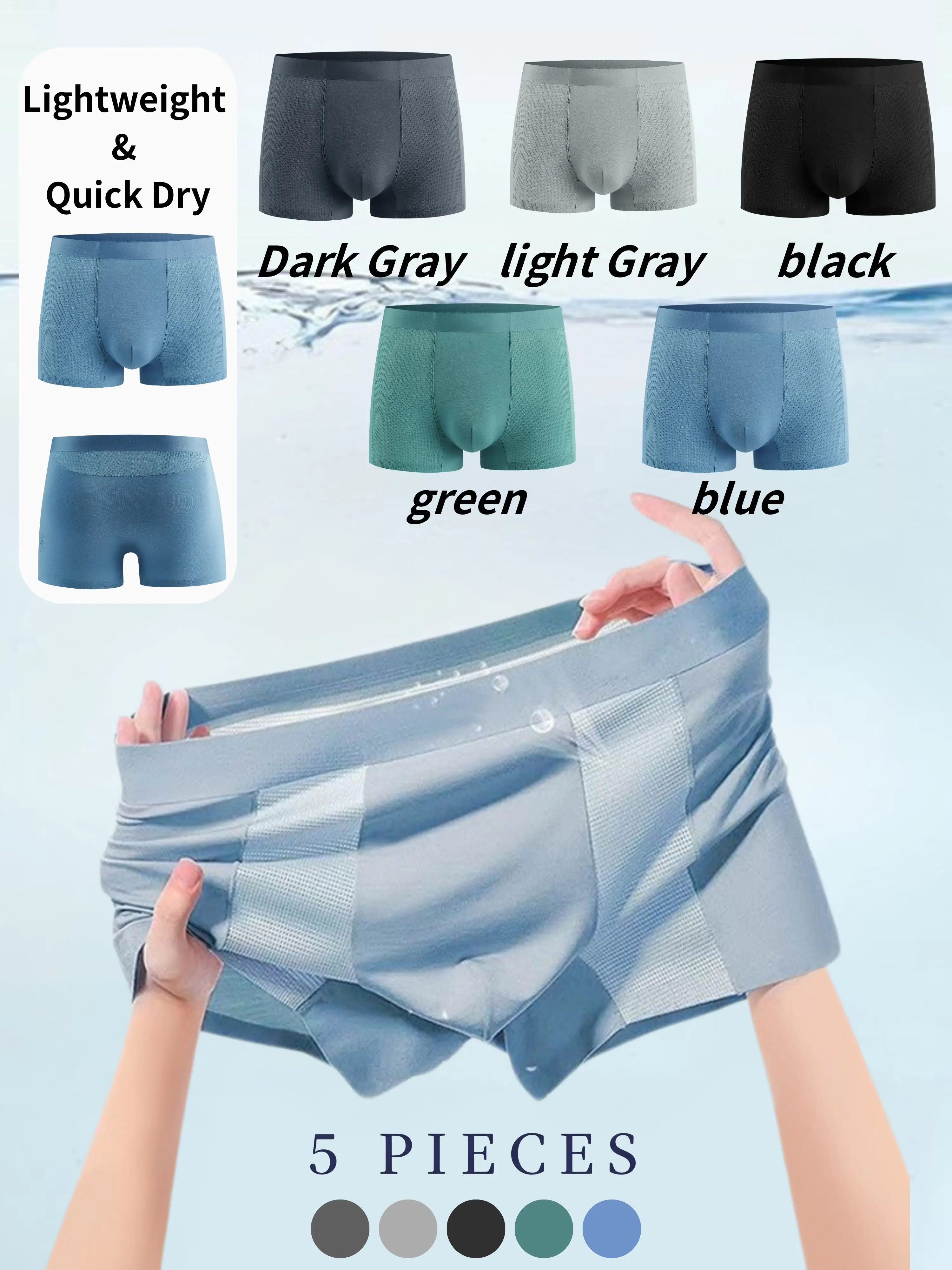 Pack of 5 men’s boxer briefs made from recycled cellulose fiber mesh, highly elastic, seamless, breathable—no sweat buildup.