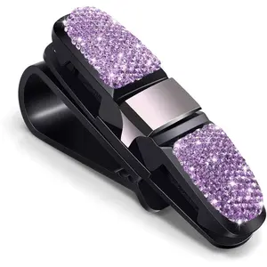 Glasses Holders for  Sun Visor, Bling  Rhinestones Fashion Rotatable  Eyeglasses Sunglasses Hanger Mount with Ticket Card Clip for Women Girls (Violet)