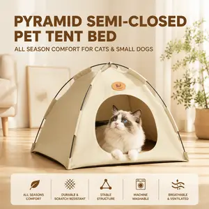 Washable Pyramid Cat Tent Bed | Waterproof Polyester Cat Cave | Stable Metal Frame | Non-Slip Bottom | Breathable Indoor Pet House for Cats, Kittens & Small Dogs