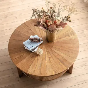Round Coffee Table, 35" Circle Wood Coffee Table with Storage Shelf, 2 Tier Center Table for Living Room Apartment Home Furniture, Easy Assembly