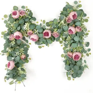 2 Pack 13FT Flower Garland, Artificial Rose Vine Fake Flower Garland Silk Rose Peony Vines Faux Valentine Floral Garlands for Wedding Party Arch Table Backdrop Wall Decoration, Artificial Peony Flowers