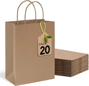 MESHA Brown Paper Bags 8x4.25x10.5 Inch 20Pcs, Paper Bags with Handles, Sturdy Brown Gift Bags for Retail, Birthday Party Favors, Shopping, Small Business (Made in USA)