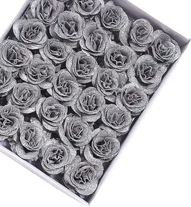 Silver Glitter Rose Heads (50 pcs)