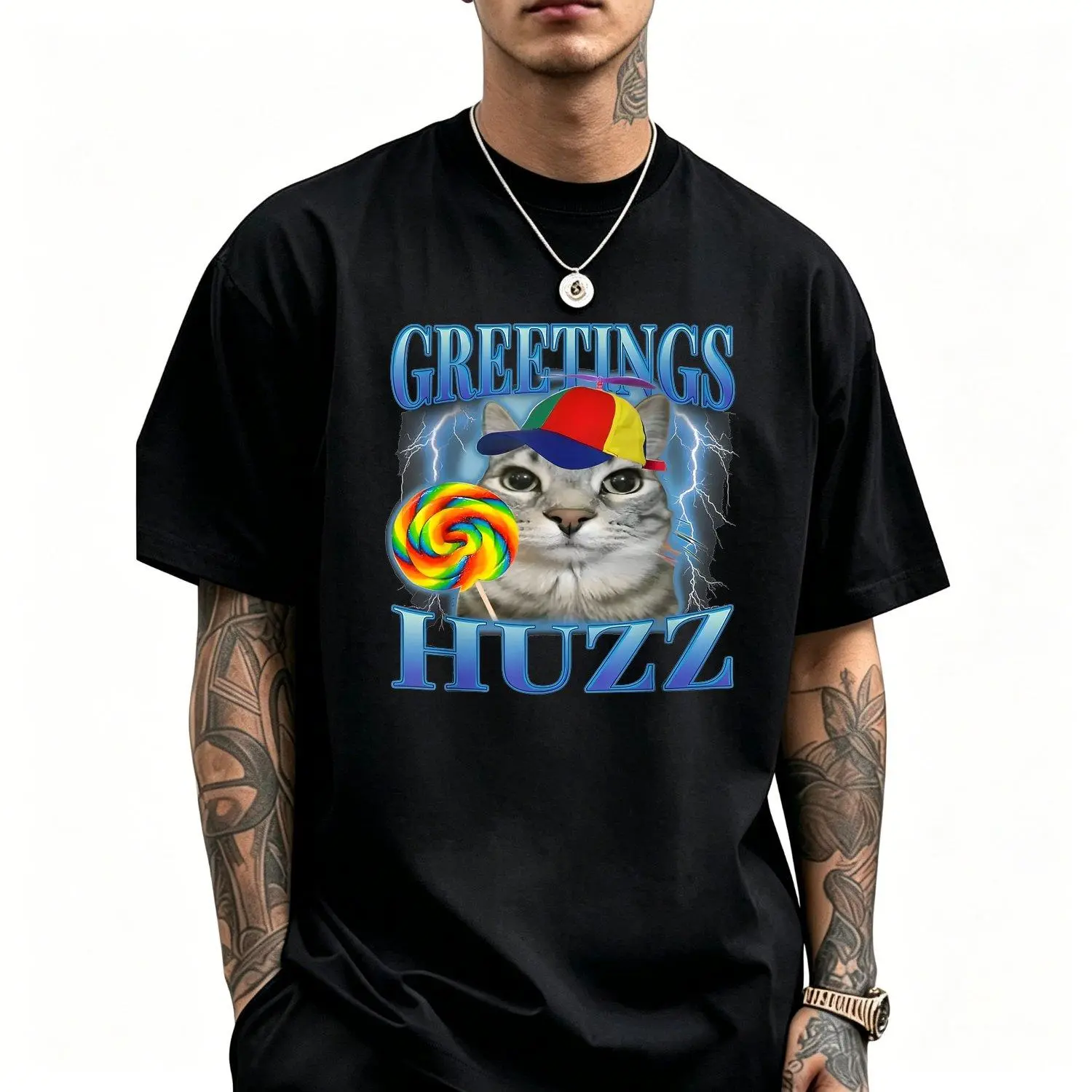 Men's Short-Sleeve Sports T-shirts Lollipop Cat Meme Greetings Huzz Funny Silly Cats Brainrot Graphic Print Casual  Tee