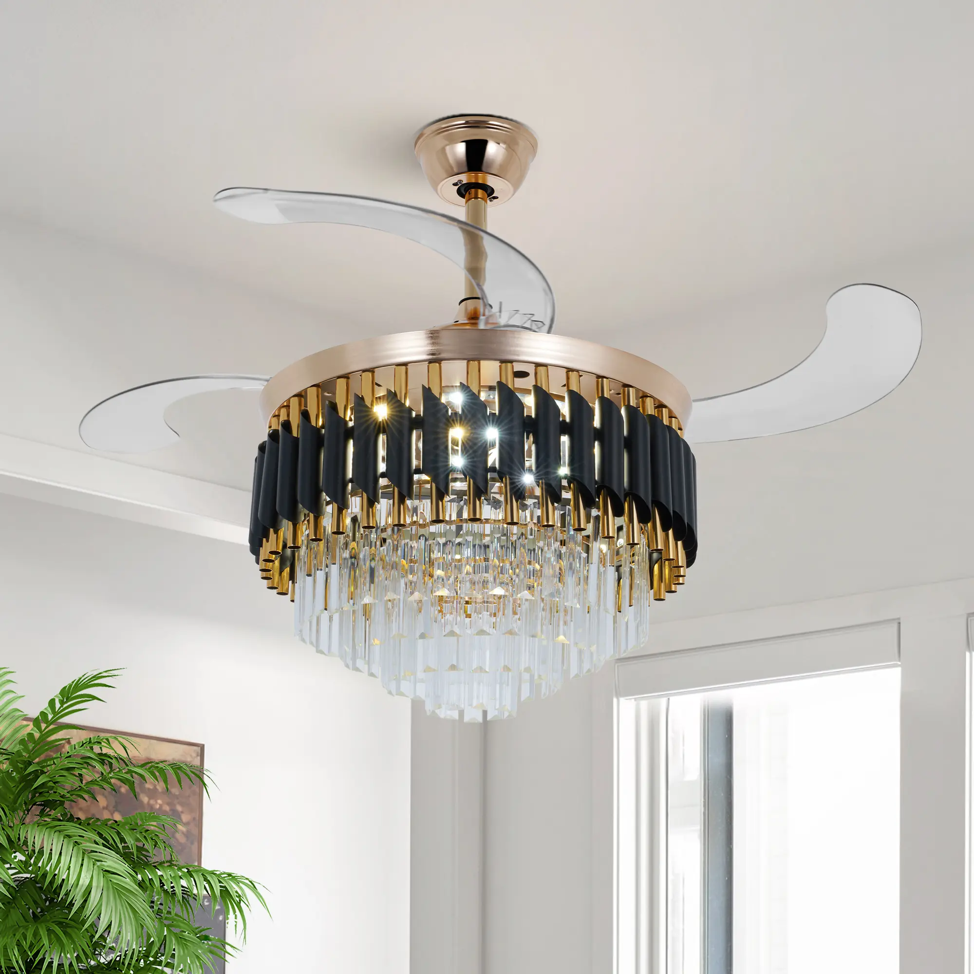 42" Luxury Crystal Light Fixture LED Chandelier Retractable Ceiling Fan wRemote ceiling fan chandelier pendant light adjustable light