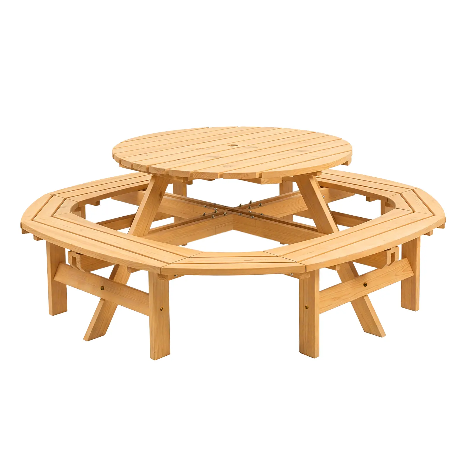 8 Person Wooden Picnic Table, Outdoor Picnic Tables with 4 Built-in Benches, Circular Camping Dining Table and Chairs Set with Umbrella Hole for Garden, Patio, Backyard, Natural