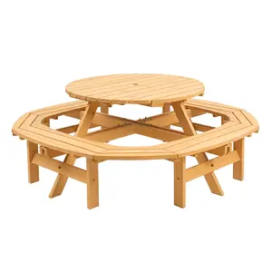 8 Person Wooden Picnic Table, Outdoor Picnic Tables with 4 Built-in Benches, Circular Camping Dining Table and Chairs Set with Umbrella Hole for Garden, Patio, Backyard, Natural