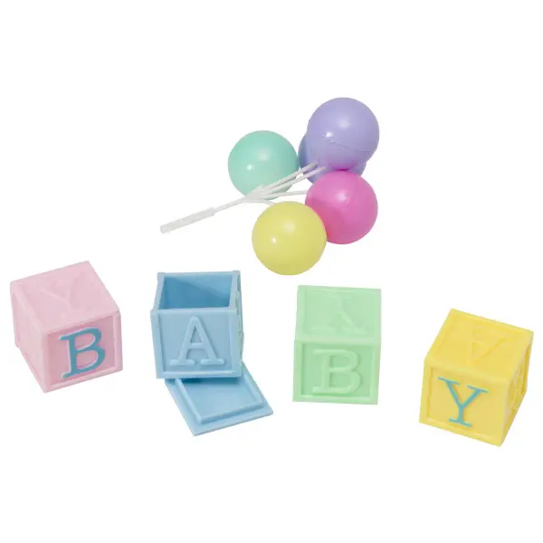 Baby Block Cake Topper with Colorful Balloons and Pastel Letter Blocks for Baby Shower Decorations
