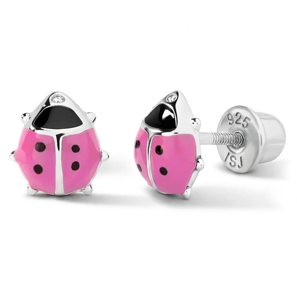 Sterling Silver Ladybug Enamel Kids' Earrings, Stays Put Screw Back for 3-4 Years Children, 7mm W x 8mm H