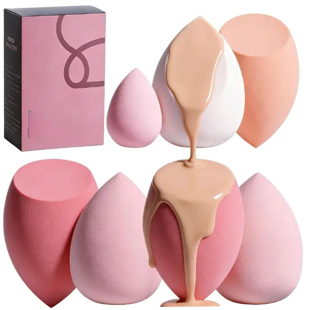 7-Piece Soft Seamless Cosmetic Makeup Sponge Set with Storage Case, Ideal for Liquid, Cream, and Powder Products, Includes 1 Mini Travel Sponge for Daily Use (A-Pink)
