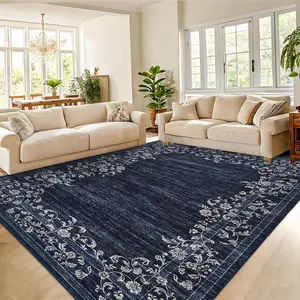 Vintage Area Rugs Washable Bordered Floral Print Accent Carpet with Non-Slip Backing, Modern Low Pile Floor Cover, Oriental Distressed Indoor Mat for Living Room, Kitchen