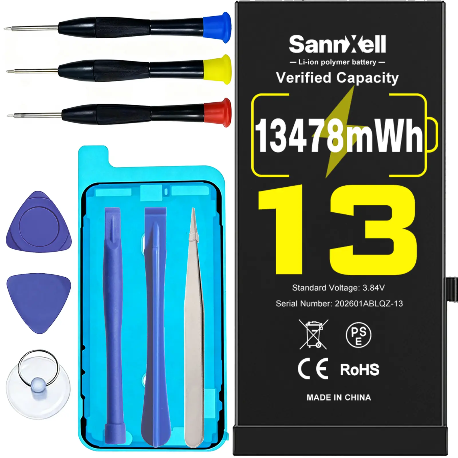 SannXell Upgraded High-Capacity Aluminium Mobile Cellphone Battery for iPhone 13 Replacement, 13478mWh 0-Cycle A2482 A2631 A2633 A2634 A2635 Models, Long-Lasting Li-ion Battery with Full Repair Tool Kit