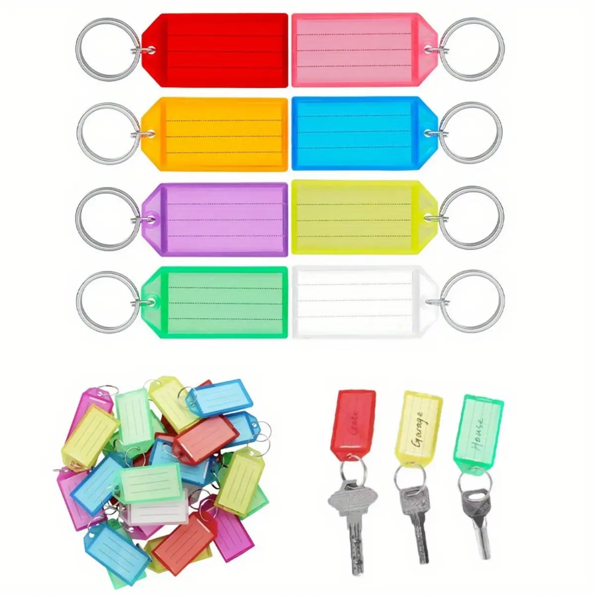 Heavy-Duty Plastic Key Tags, 40-Pack with Writable Labels, Reusable Item ID Holders for Keys, Luggage, and USB Flash Drives, 8 Colors, 2.2" L x 1.15" W