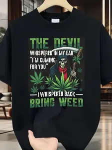 The Devil Whispered I Whispered Back Bring Weed Graphic Tee, Grim Reaper Cannabis Leaf Print Short Sleeve, Funny Stoner Humor Streetwear Top oversized