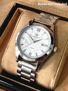 Men's Stainless Steel, Simple Calendar Design, Dial Silver Color Band, Business Casual Style, Perfect Gift for Men, Stainless Steel Wristwatch