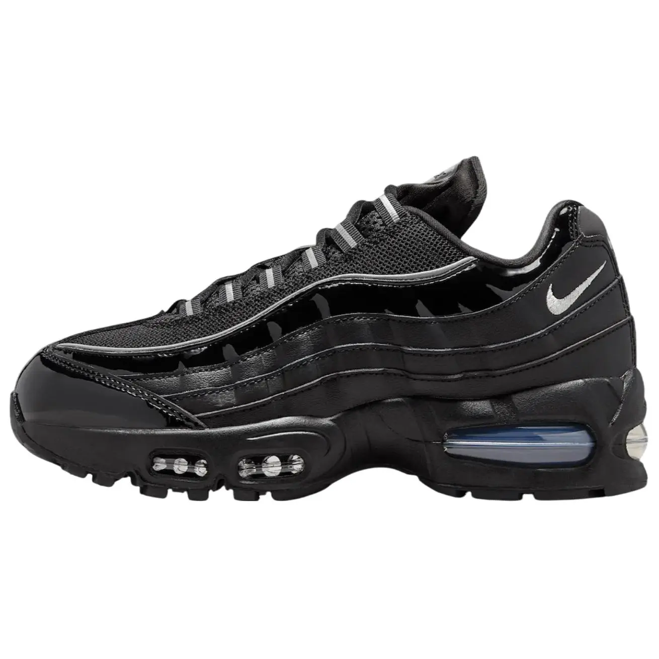 NIKE Women's Air Max 95 OG Retro Sneaker in Black Patent, Cushioned Athletic Shoe for Casual Wear and All-Day Comfort, Sports Shoes, Rubber, Female, Snug Fit, True Size, Retro Look, Us W 9.5, Patent Upper, Light Training, Walking Shoes
