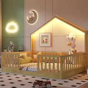 Full Size Floor Bed with High Rails, Wooden Montessori Bed with Light for Kids, Boys and Girls, No Box Spring Needed