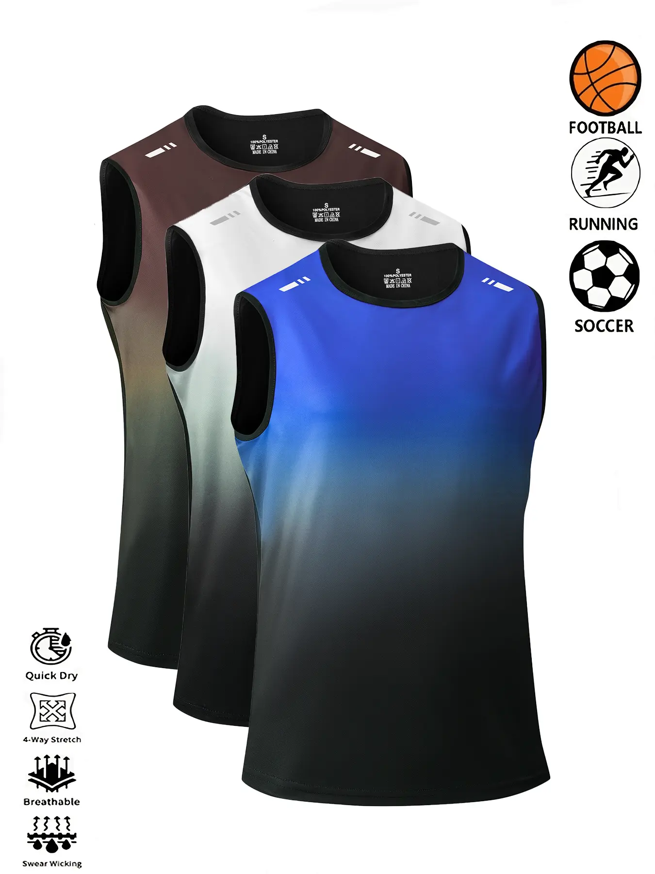 Men's 3-Pack Gradient Tank Tops, Quick-Dry Breathable Muscle Shirts with High-Stretch for Basketball, Running & Workouts