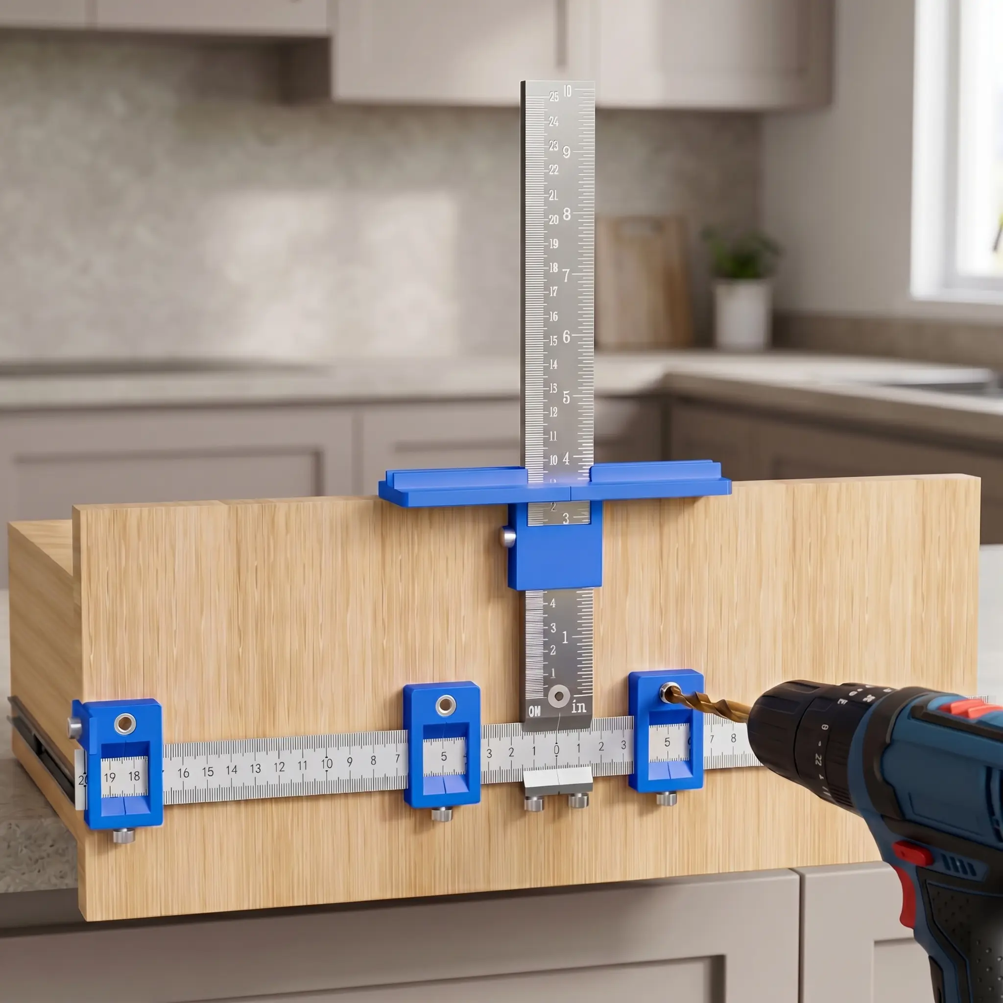 Adjustable Cabinet Hardware Jig - Woodworking Punch Locator Drill Guide Template for Knobs & Pulls, Precision Measuring Tool for Kitchen Doors/Drawers