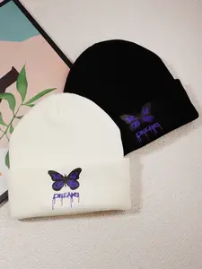Street 2pcs Butterfly Print Beanie - Black and White 100% Acrylic, Versatile Style for Casual and Cozy Occasions