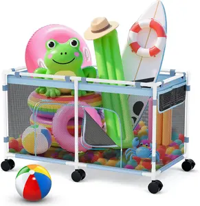 Pool Float Storage - Outdoor Pool  Storage Organizer for Pool Noodles, Toys, Floats, Beach Balls, and Equipment, Above Ground Pool Accessories, Rolling Outdoor Pool Storage Bin with Zipper Design