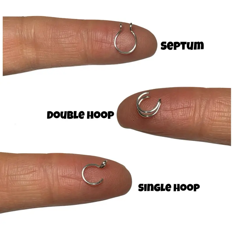 Set of Three Faux Piercings Double Hoop Septum Single Hoop Adjustable for Nose Lips or Cartilage Areas Silver Gold Black Copper Wire Sizes 5mm 6mm 8mm 10mm,Nose Ring